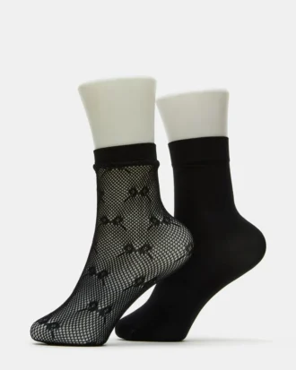 2er-Pack Füßkettchen-Socken mit Schleife, schwarz