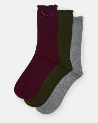 3er-Pack Folly Velvet Bow Rib Crew Socken Cherry