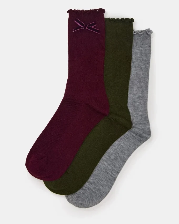 3er-Pack Folly Velvet Bow Rib Crew Socken Cherry