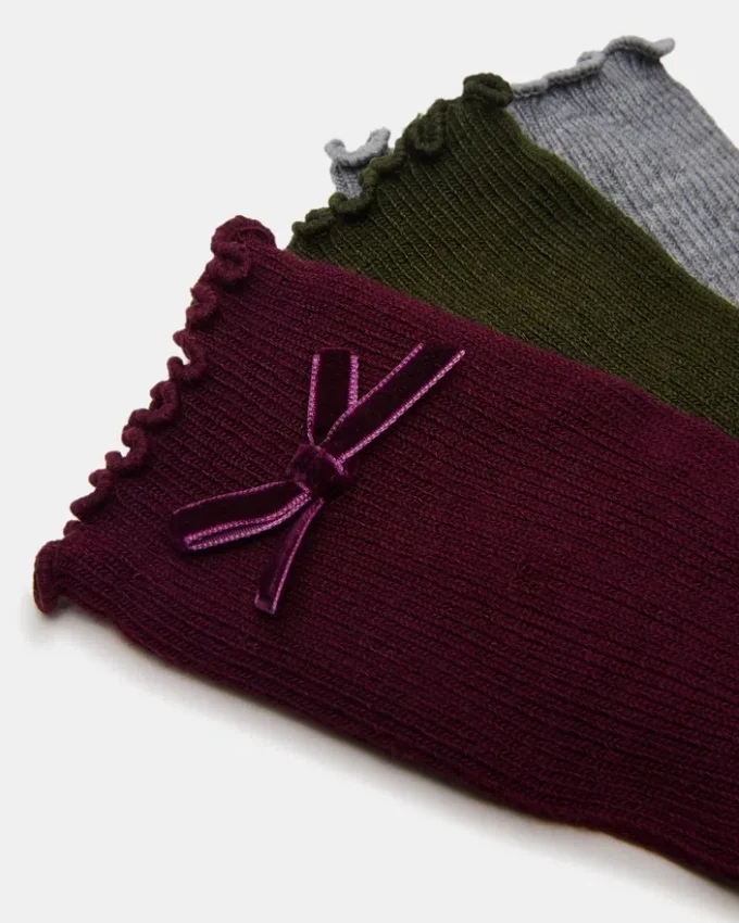 3er-Pack Folly Velvet Bow Rib Crew Socken Cherry