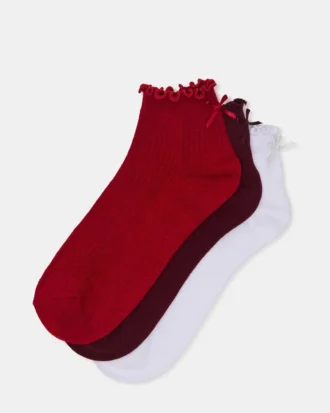 3er-Pack Melody-Socken mit Rüschenrand und Schleife, rot/bunt