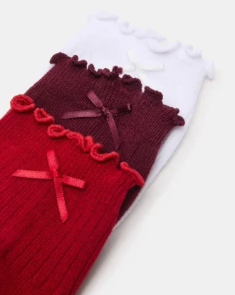 3er-Pack Melody-Socken mit Rüschenrand und Schleife, rot/bunt