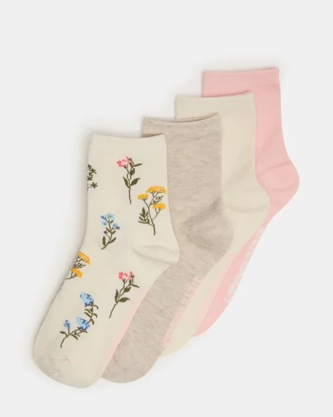 4er-Pack Blumensocken in Elfenbein und Multicolor