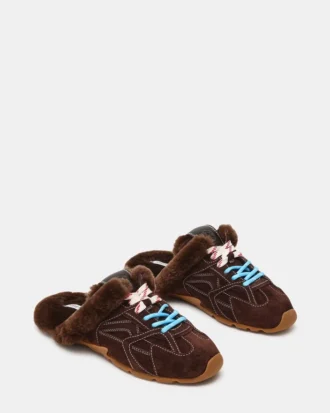 Aziel Pantolette aus schokoladenbraunem Wildleder mit Kunstfell